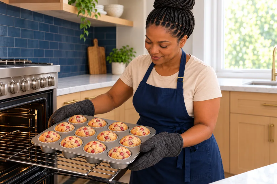 Cook uses oven mitts to support twelve baked strawberry muffins at the oven.