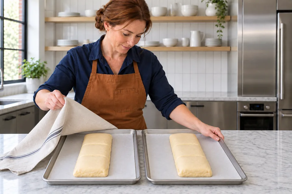 Two filled Danish strips proof on separate trays, each marked into four portions.