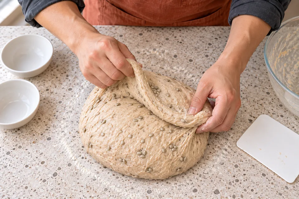 Hands fold sunflower kernels through a soft elastic dough.
