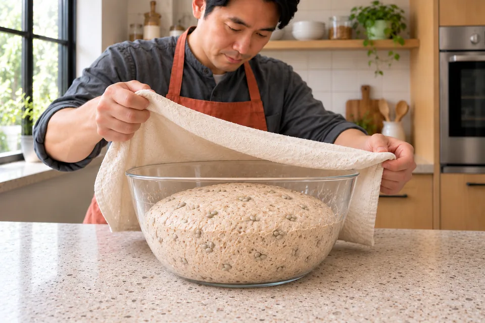 A risen dough contains sunflower kernels distributed throughout.