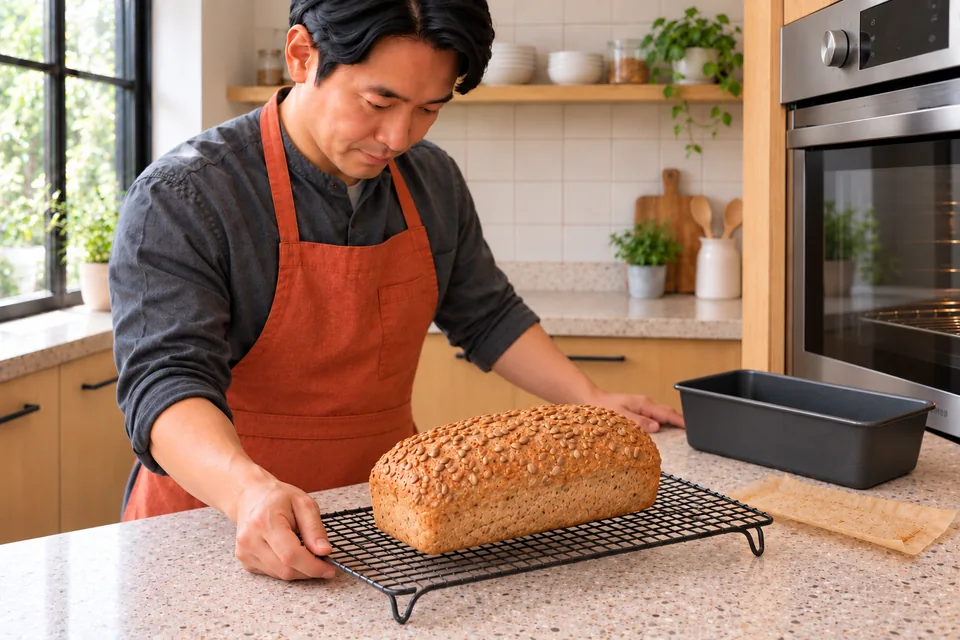 A whole seeded loaf cools on a wire rack beside its empty tin.