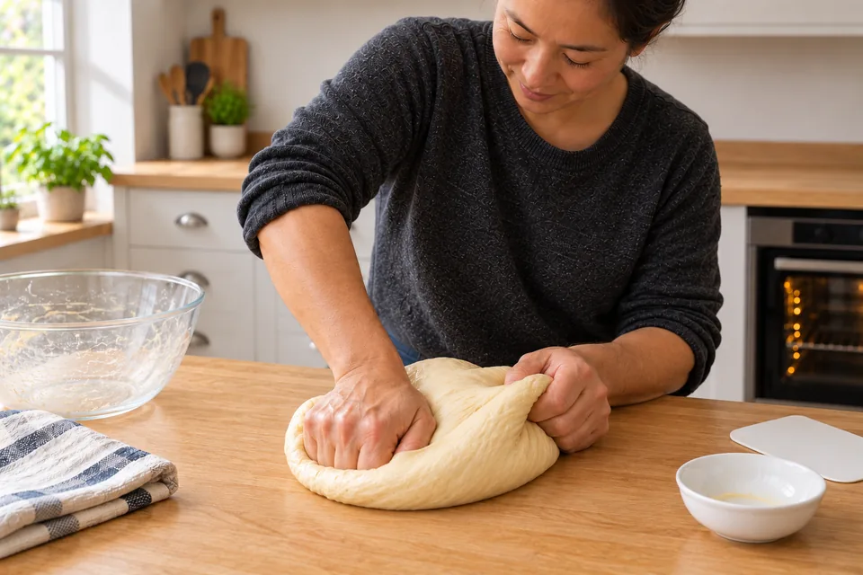 Hands knead smooth enriched dough on the worktop.