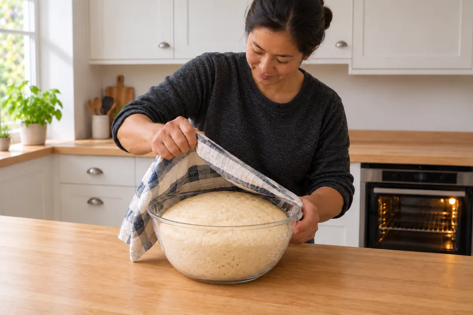 The covered dough has become aerated and roughly doubled.