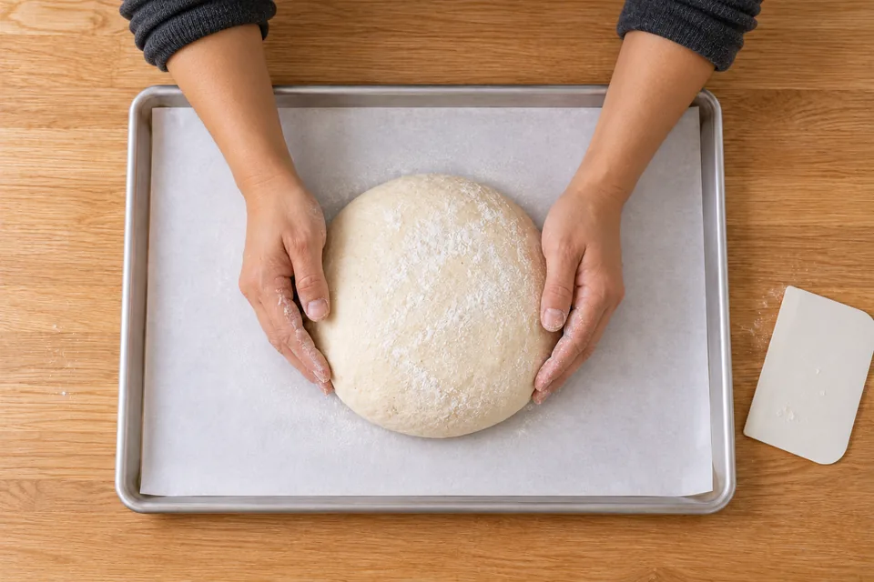 One low lightly floured round rests on the tray.