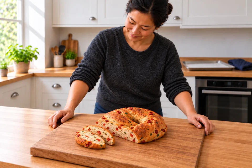 Two slices beside a partly cut knot show small tomato pieces and basil through the set crumb.
