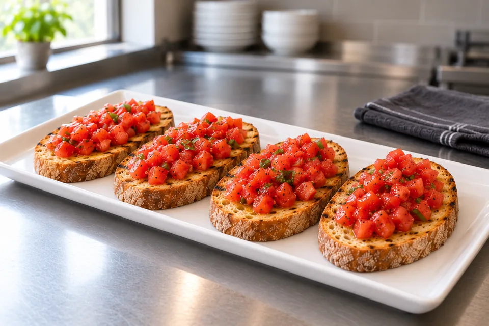 Four large tomato-topped toast slices with torn basil and visible browned bread edges.