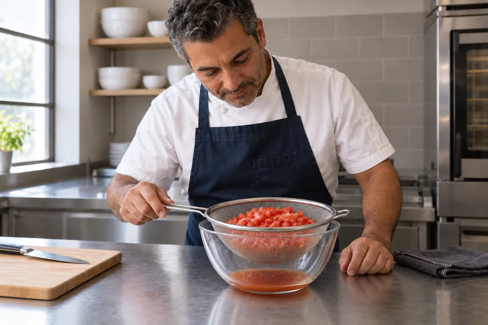Diced tomatoes in a sieve with released red juice collected in the bowl below.