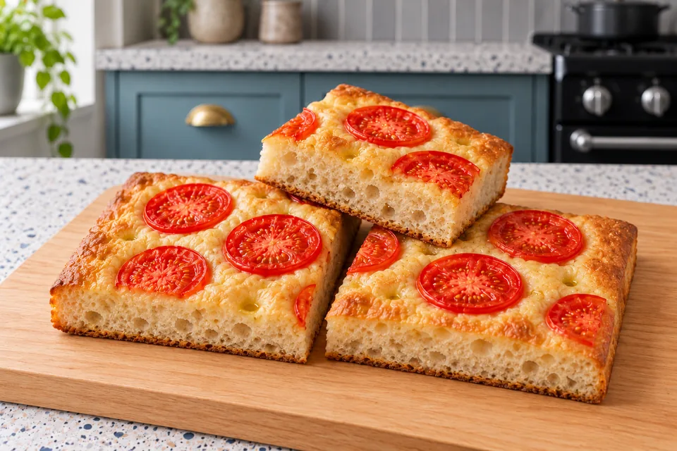 Three portions show the airy crumb, browned base and cooked tomato topping.