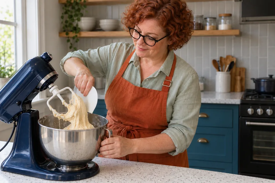 The cook scrapes sticky dough from a stopped mixer paddle.