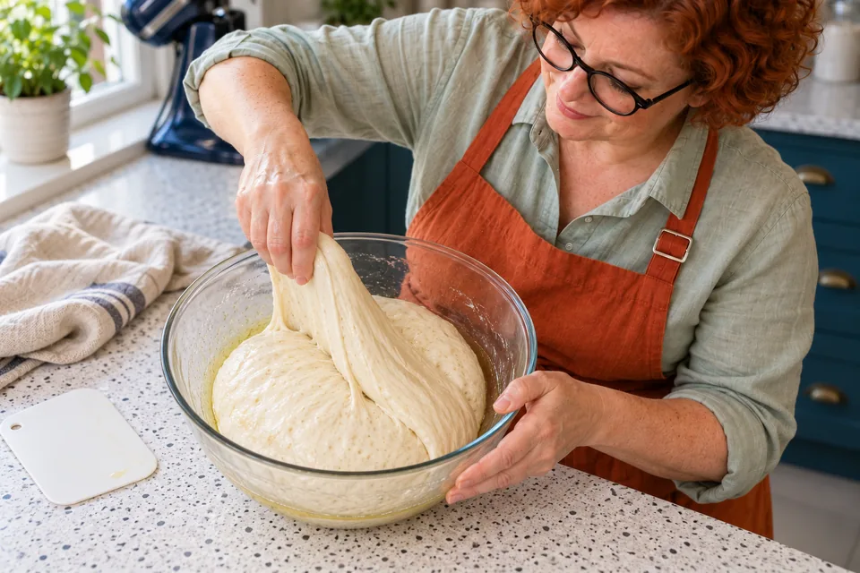 Oiled hands stretch and fold plain focaccia dough in its bowl.