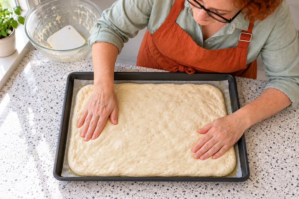 A shallow layer of plain dough is eased across one tray.