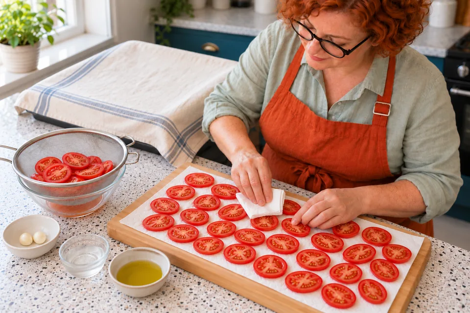 Thin tomato slices are patted dry while the dough stays covered.