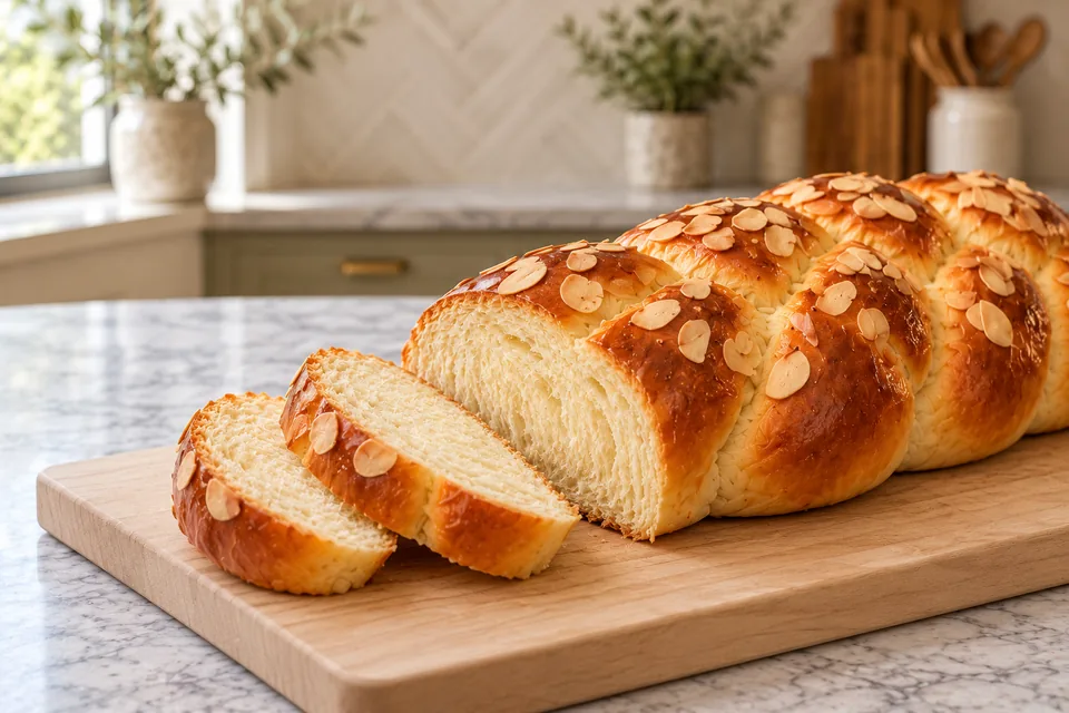 A golden almond-topped braid with two removed slices and a matching cut face showing a pale cream, finely stranded crumb.