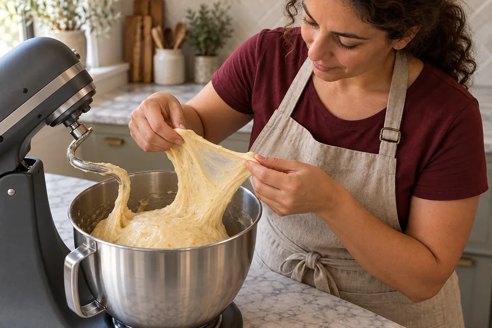 Baker stretches a thin translucent patch of aromatic sweet dough above the stopped mixer bowl.