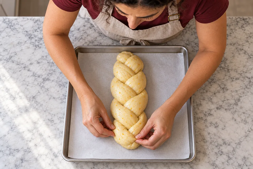 Viewed from above, the cook tucks the near end of one pale golden three-strand braid on a parchment-lined tray.