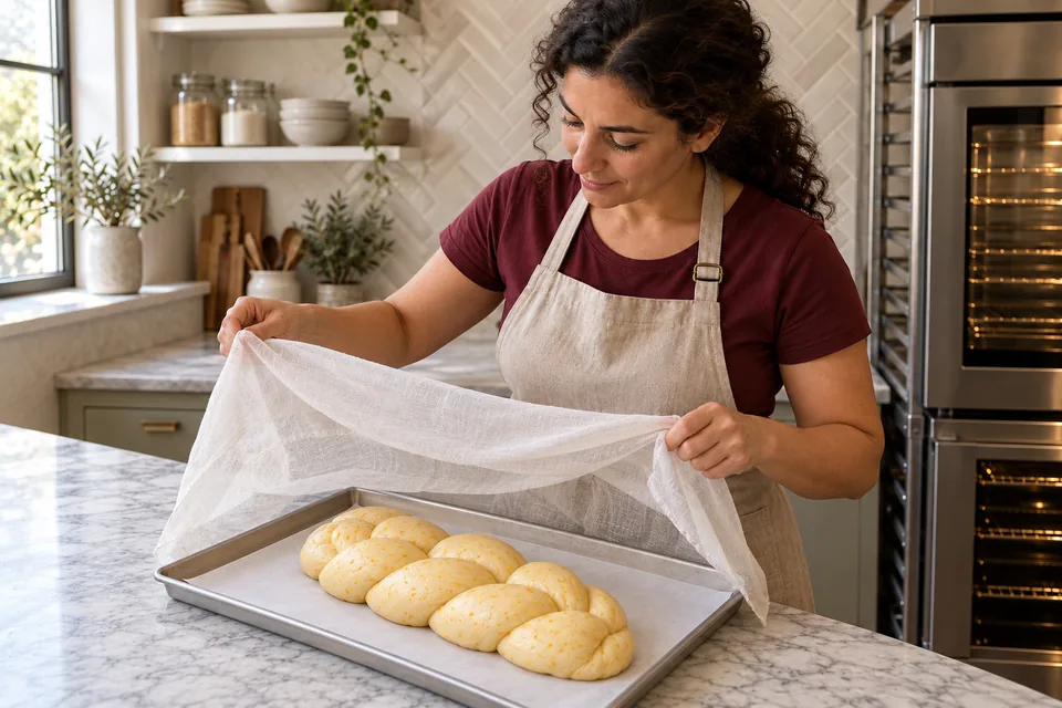 The cook lifts a loose white cloth above one puffy pale three-strand braid on its lined tray.