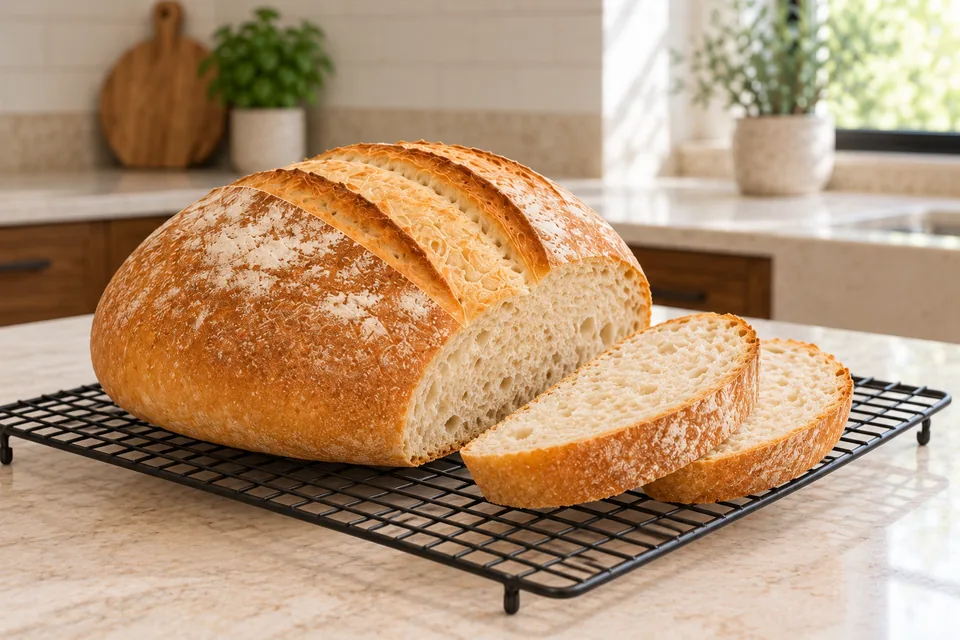 Golden round bread with two parallel crust openings and two slices showing an open creamy crumb.
