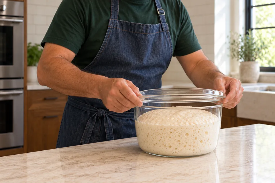 Hands lower a clear lid above aerated pale dough in a large glass container.