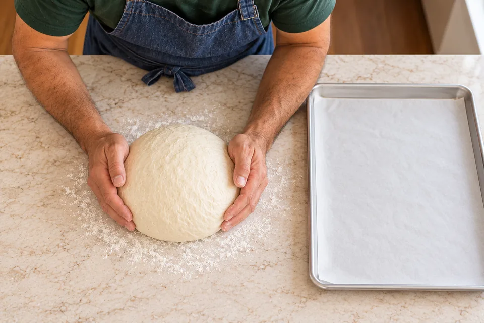 Baker cups one pale round dough loaf on a lightly floured worktop beside a lined tray.