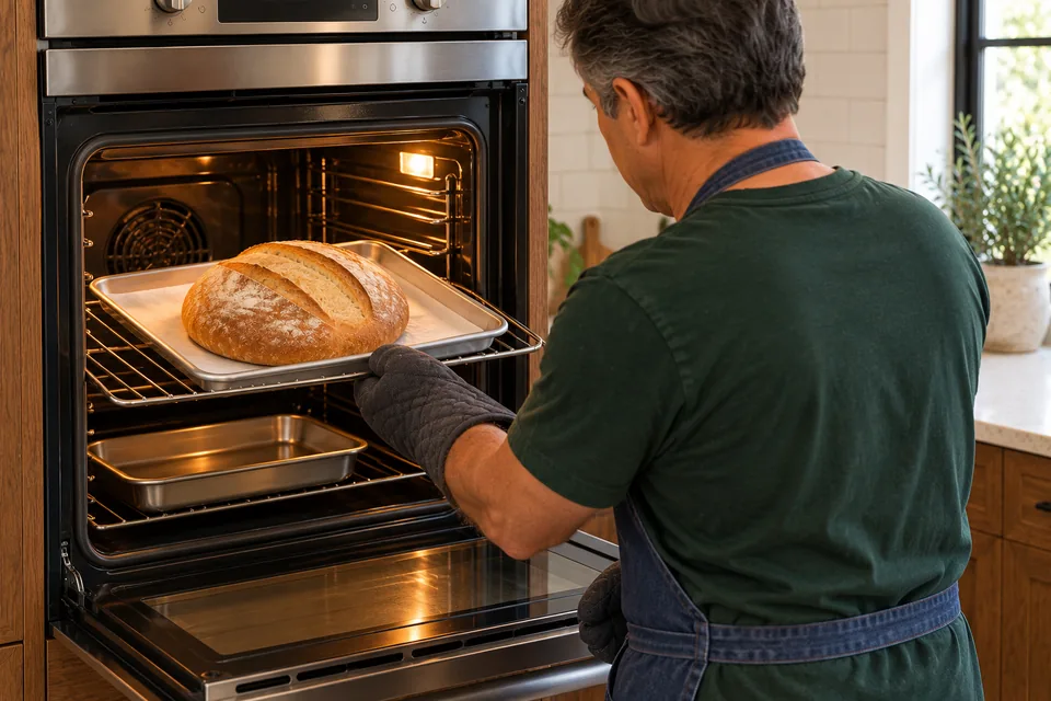 Baker draws an oven rack holding one golden round loaf with two parallel openings, above a separate metal steam tray.