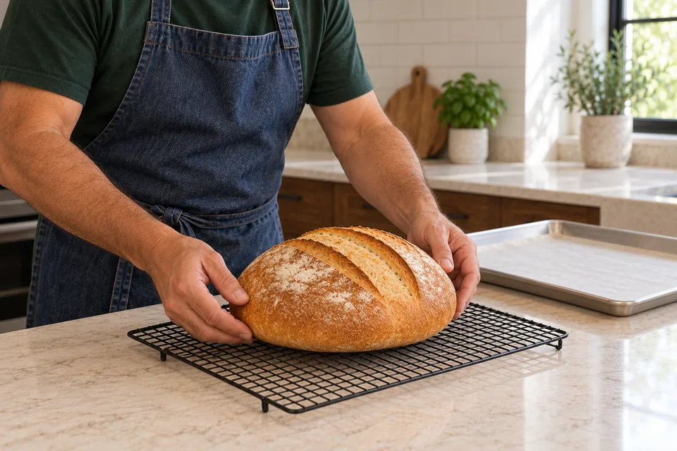 Hands lower one golden round loaf with two parallel crust openings onto a wire rack.