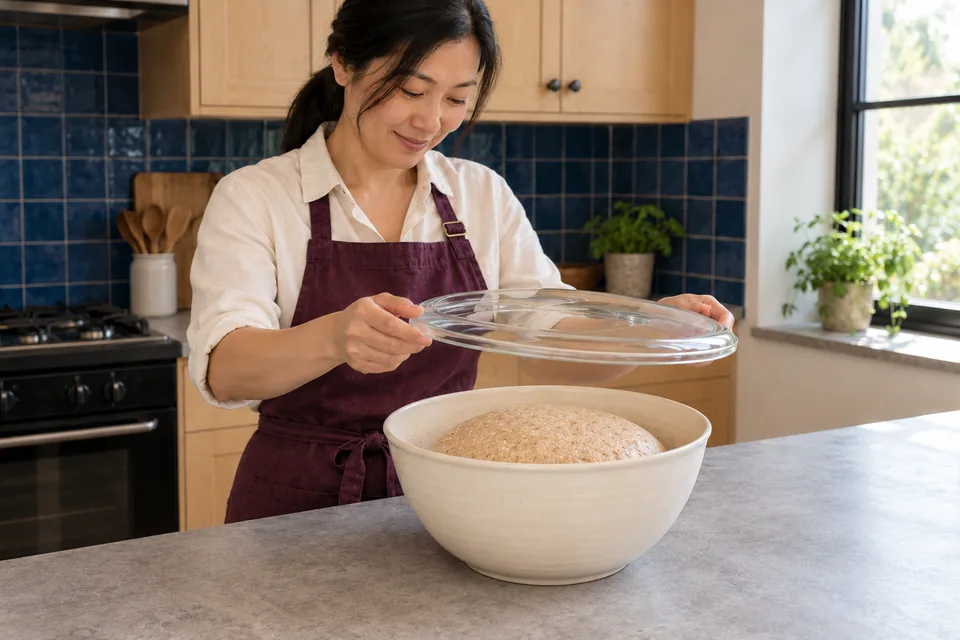 The cook uncovers an expanded mound of wholemeal dough in the cream bowl.