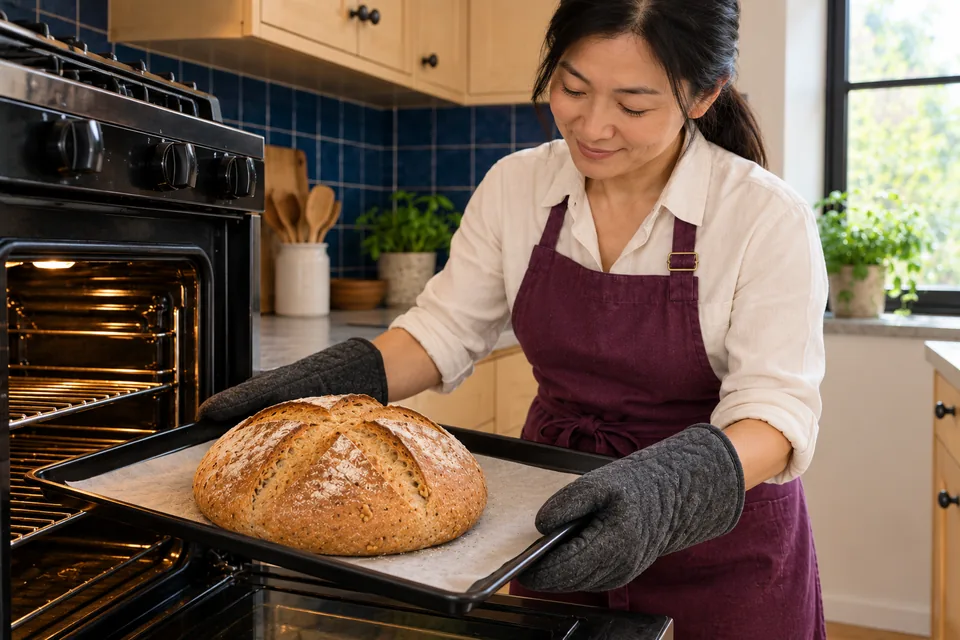 The cook holds a tray with one browned walnut loaf and its opened cross score.