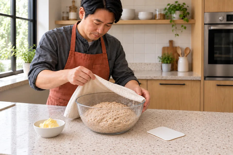 Cook lifts a cloth from rested bran-flecked dough beside the measured soft butter.
