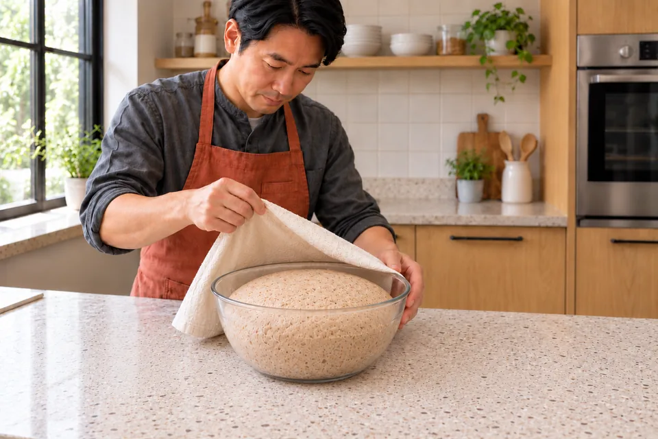 Cook lifts a cloth above risen wholemeal dough in a glass bowl.