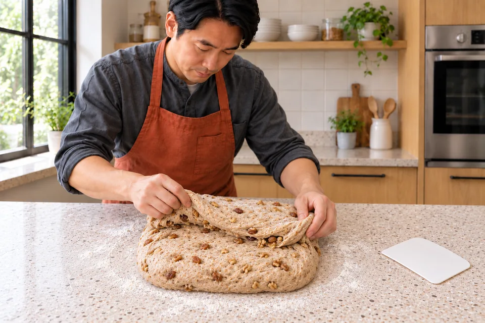 Hands fold small walnut pieces and sultanas through wholemeal dough.