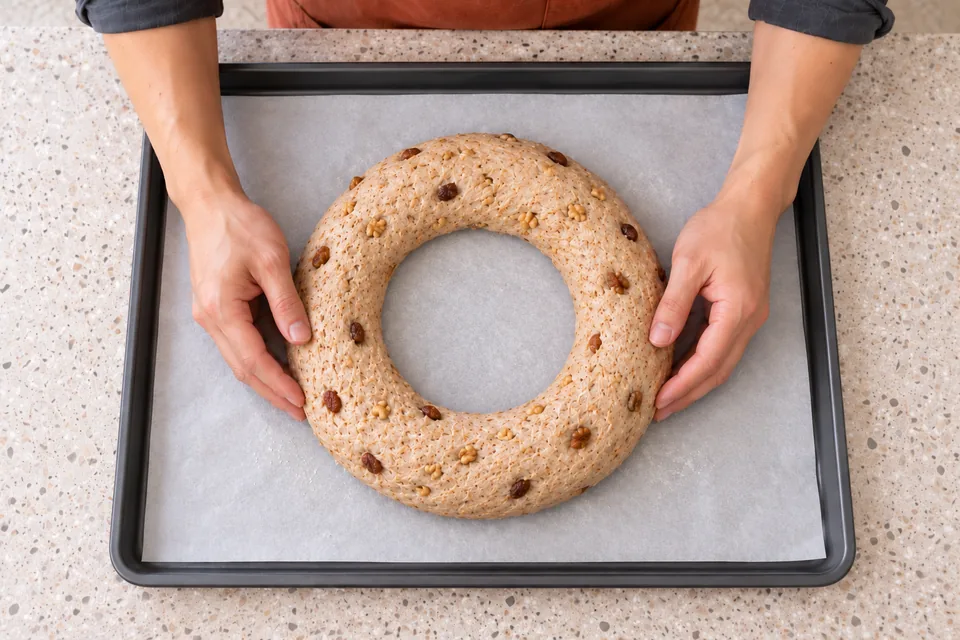 Hands beside one raw fruit-and-nut bread ring with a wide open centre.
