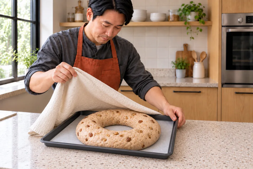 Cook lifts the cloth from a risen fruit-and-nut bread ring on its tray.