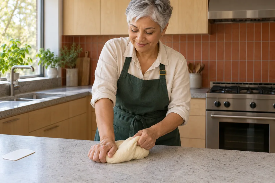 The silver-haired cook stretches and folds one smooth pale dough on the counter.