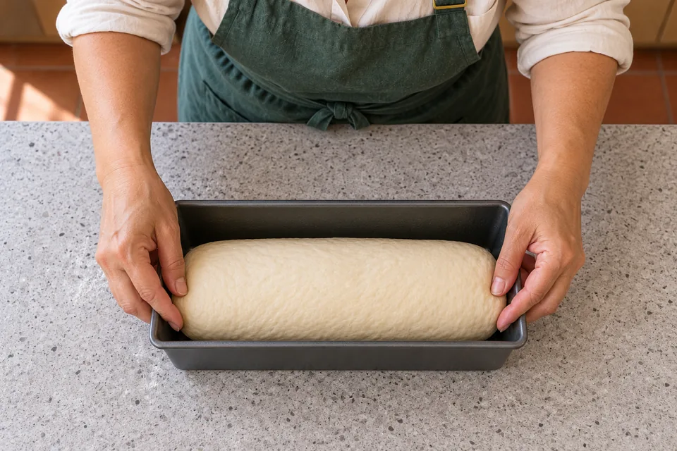 The cook settles one smooth raw log below the rim of a dark metal loaf tin.