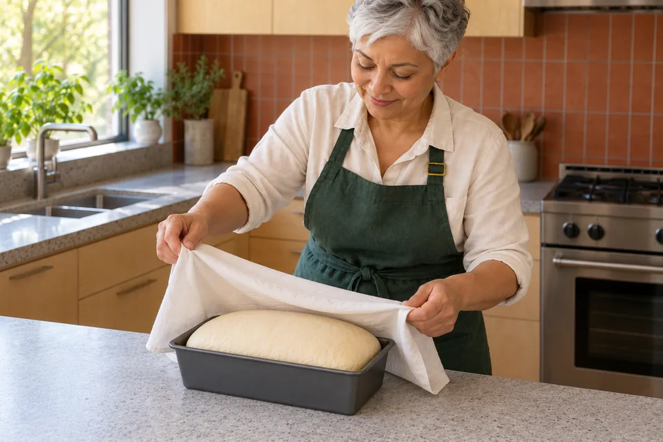 The cook lifts a white cloth over one puffy pale loaf rounded just above the tin rim.
