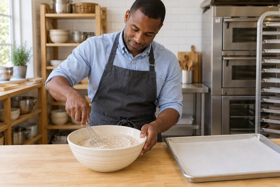 Baker whisks an evenly bran-speckled dry mixture in a cream bowl beside a lined tray.