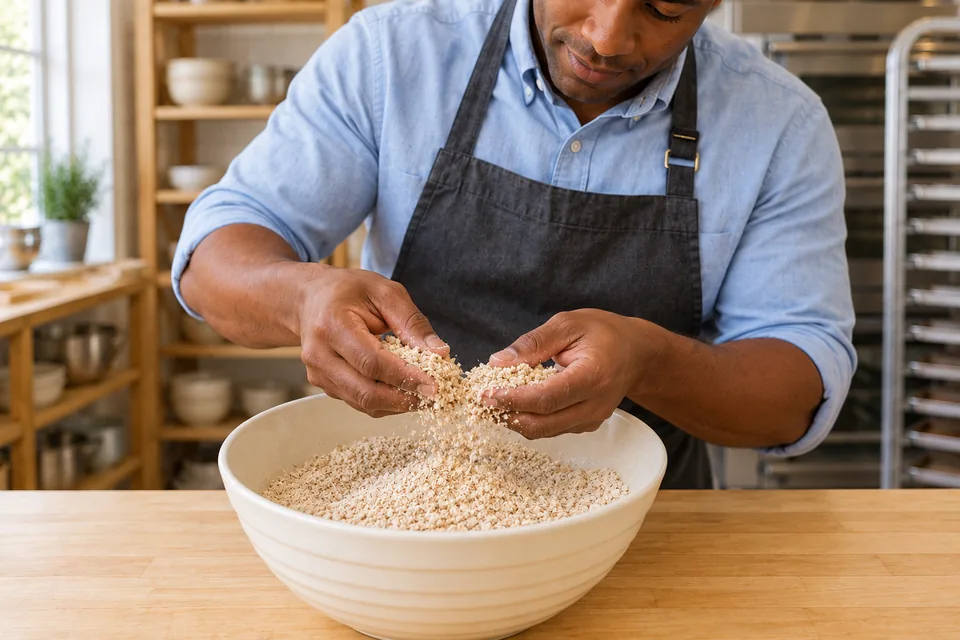 Fingertips rub butter through a coarse bran-speckled mixture above the cream bowl.