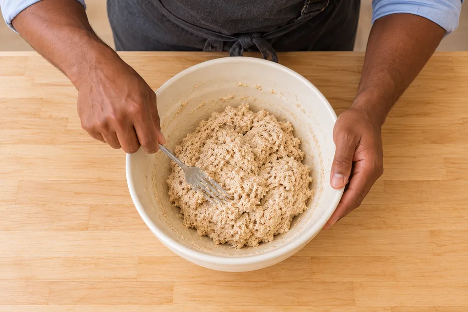 Baker gathers a lightly textured wholemeal dough with a fork in the cream bowl.
