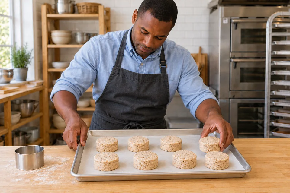 Baker places the eighth thick raw wholemeal scone round on a lined tray beside the round cutter.