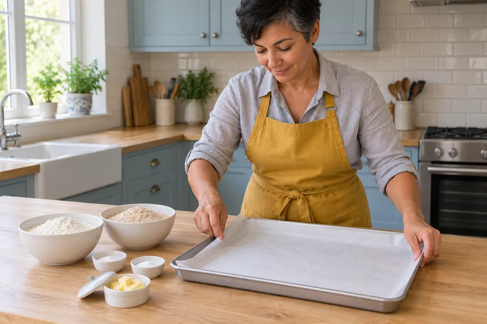The cook lines one baking tray beside separate white and wholemeal flour bowls, two small powder dishes and a small butter dish.