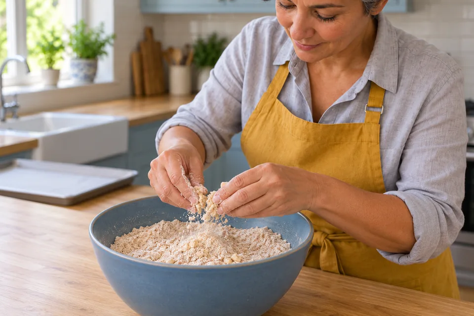 The cook rubs small crumbs between her fingertips above a blue bowl of loose, bran-speckled flour.