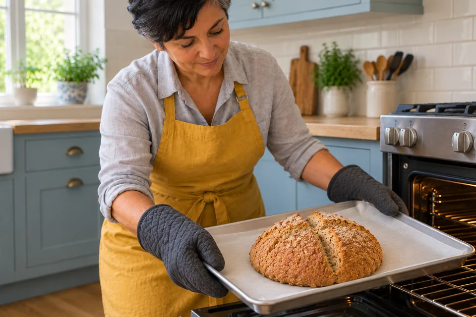 Using two mitts, the cook holds one browned, craggy soda loaf with a deep opened cross on its tray.