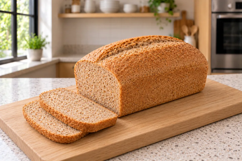 A wholemeal tin loaf with two thin slices showing the fine bran-flecked crumb.