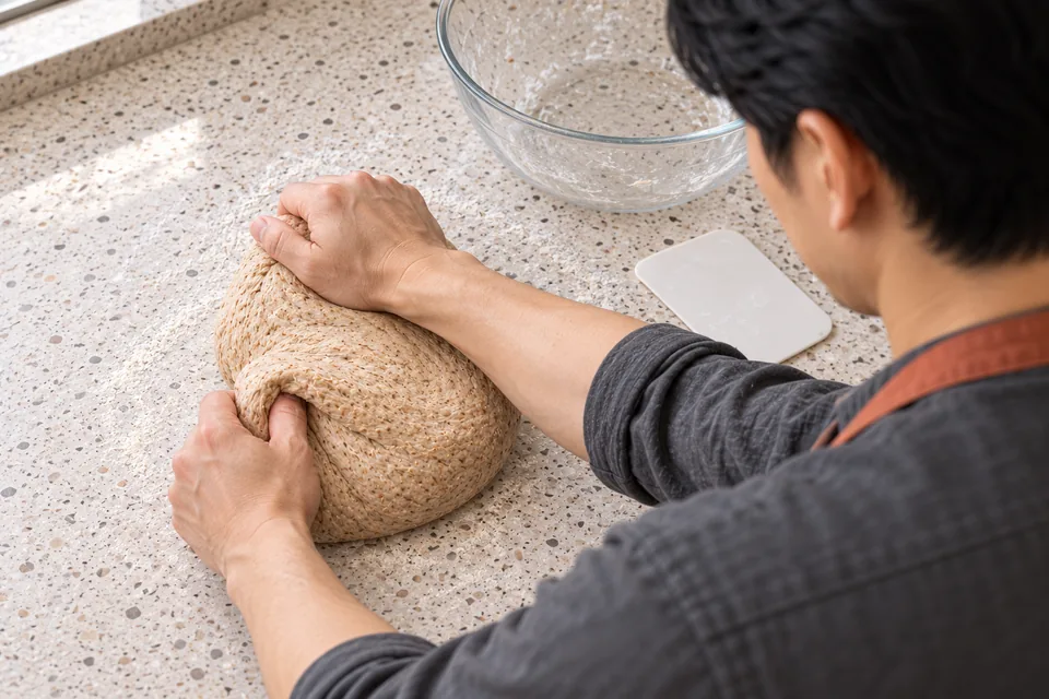 Hands kneading soft bran-flecked wholemeal dough.