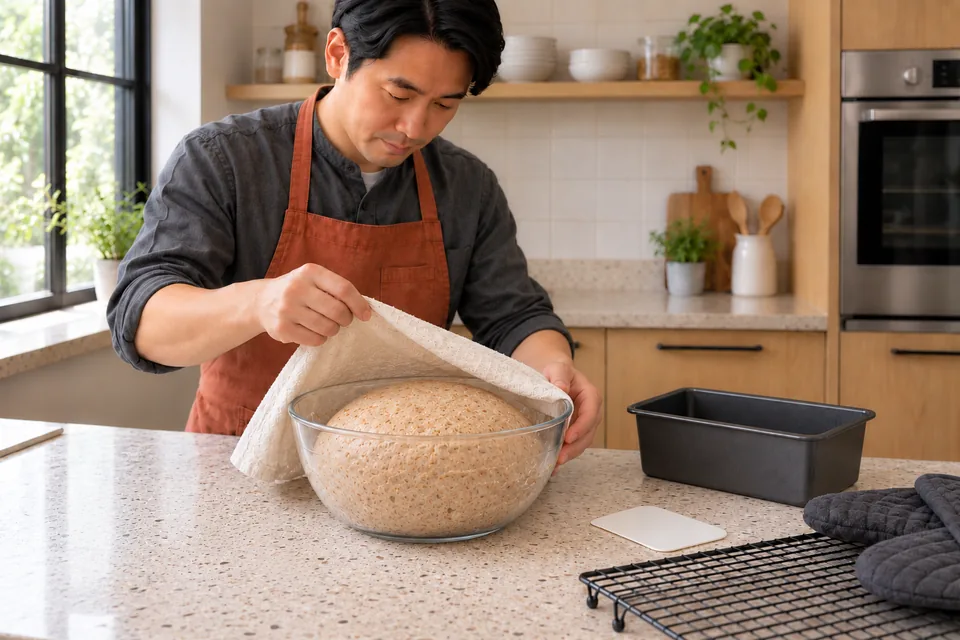 Risen wholemeal dough under a lifted cloth in a glass bowl.