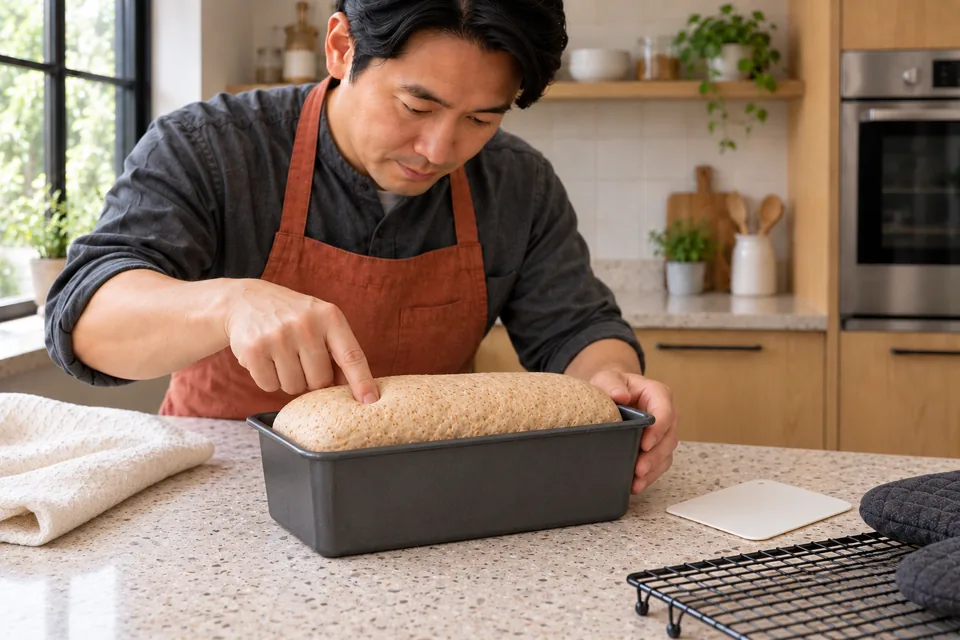 Cook gently checking the puffy wholemeal loaf in its tin.