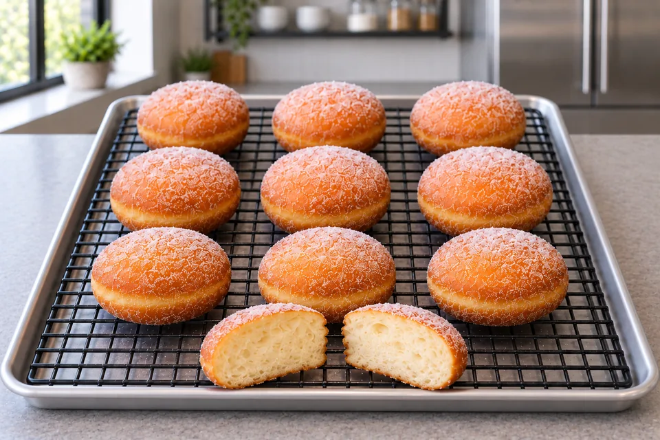 Nine sugar-coated round doughnuts and the two halves of the first test piece.