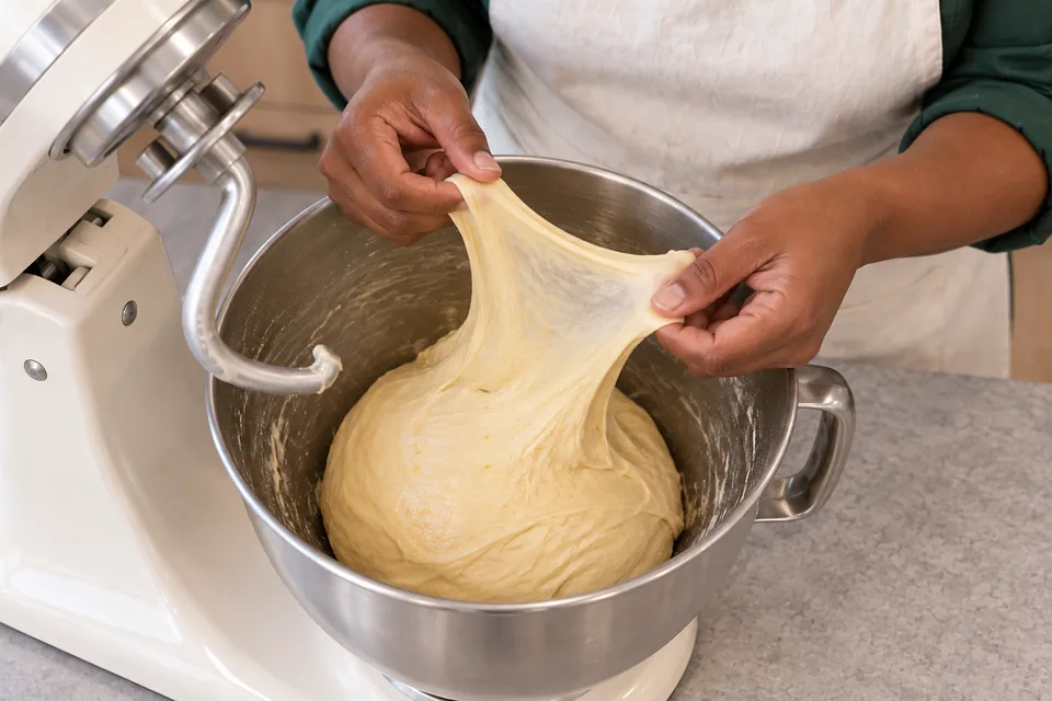 Hands stretching a thin film from glossy dough in the mixer bowl.