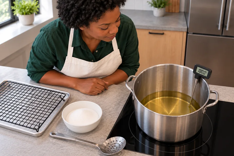 A thermometer in a tall pan of calm oil with a rack and sugar bowl nearby.