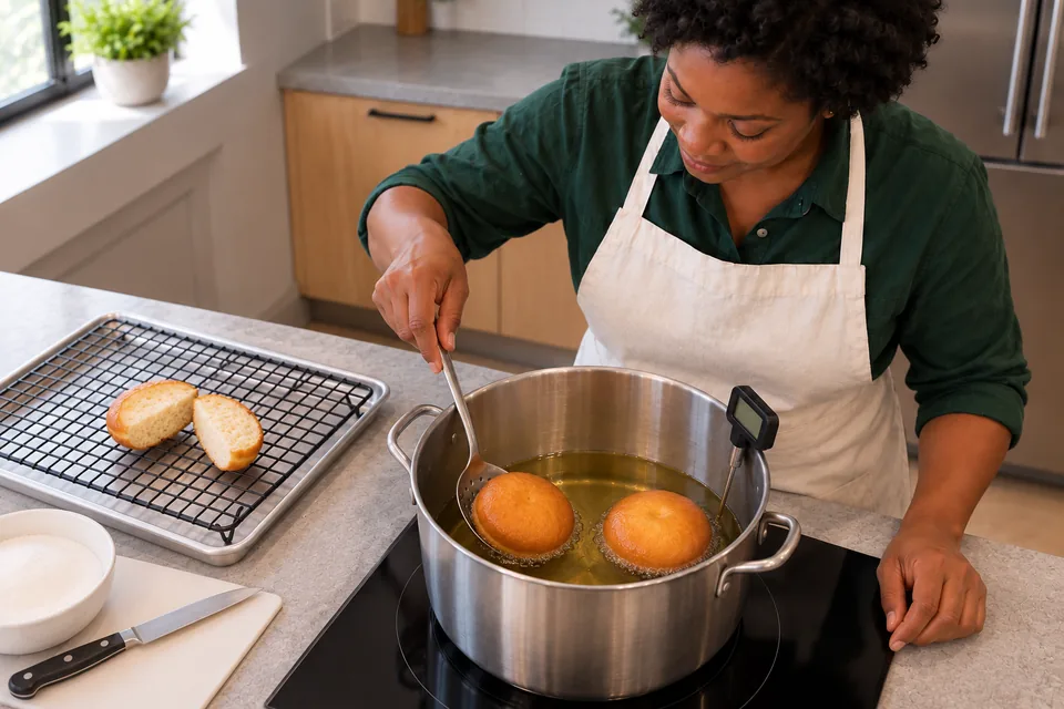 Cook turning a doughnut in shallow frying oil, with the first split test piece on the rack.